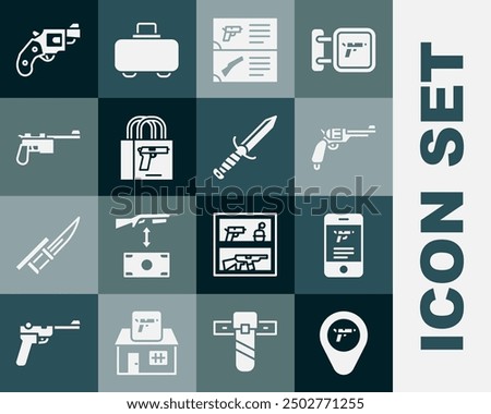 Set Location with weapon, Shop in mobile app, Revolver gun, Weapon catalog, Buying pistol, Mauser, Small revolver and Military knife icon. Vector