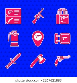 Set Lage mit Waffen, Holzaxt, Revolver Pistole, Jagdgeschäft, Militärmesser, Handrauchgranate, Kaufen Pistole und Waffenkatalogsymbol. Vektorgrafik