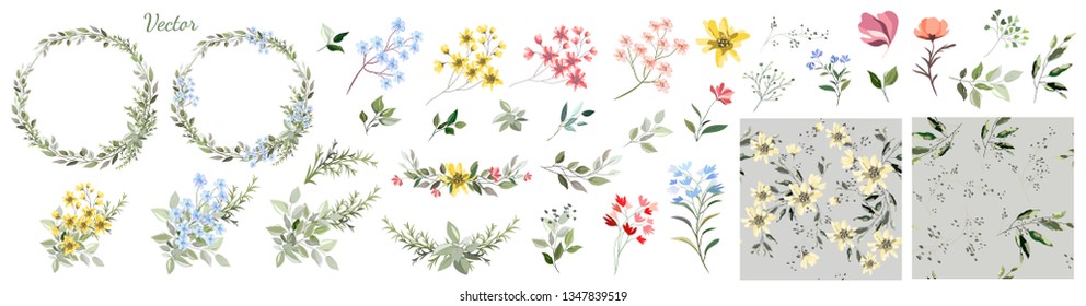 Set. Location of wildflowers, decorative leaves . Collection: flowers, blue, pink, yellow flowers, leaves, twigs,wreath,seamless pattern,herbs, flower arrangements. Vector design.