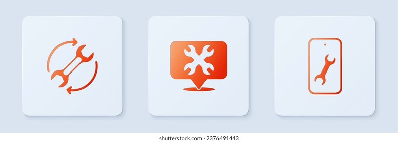 Set Location with wrench, Wrench and arrows as workflow and Mobile service. White square button. Vector