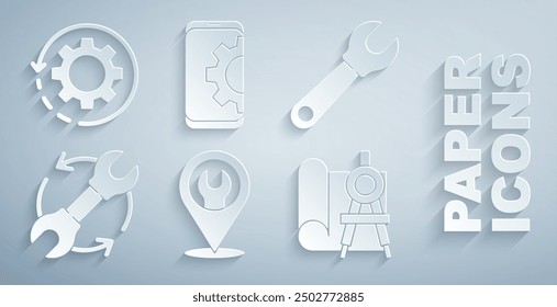 Establezca la Locación con la llave inglesa, la llave inglesa y las flechas como flujo de trabajo, brújula de papel gráfica, ajuste del teléfono inteligente e ícono de engranaje. Vector