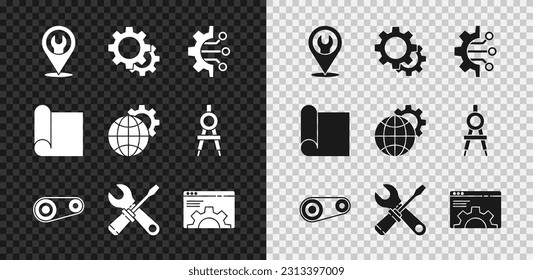 Set Location with wrench spanner, Gear, Algorithm, Timing belt kit, Screwdriver and, Browser setting, Graphing paper for engineering and Globe of the Earth gear icon. Vector