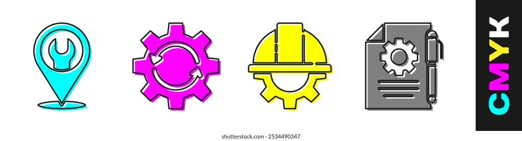Establezca la Locación con la llave inglesa, el engranaje y las flechas como flujo de trabajo, el casco y el engranaje de seguridad del trabajador y las Configuraciones del documento y el icono de la pluma. Vector