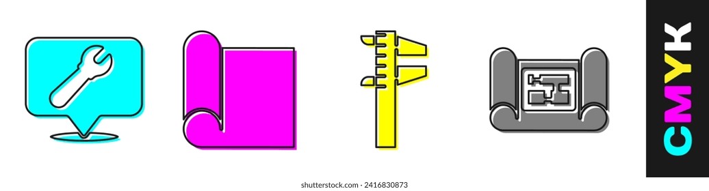 Set Location with wrench spanner, Graphing paper for engineering, Calliper or caliper and scale and House plan icon. Vector