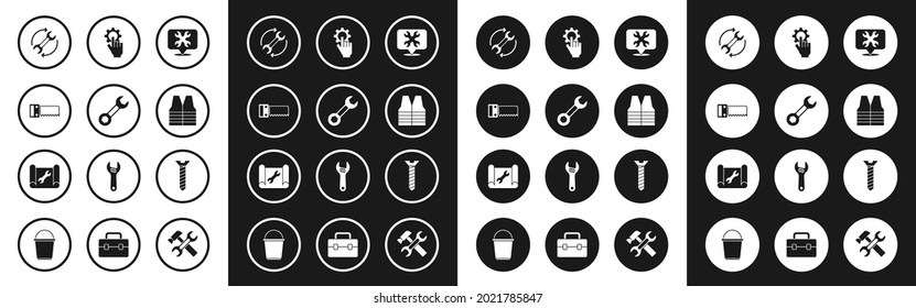 Set Location with wrench, Wrench spanner, Hand saw, arrows as workflow, Safety vest, Settings in the hand, Metallic screw and Graphing paper icon. Vector