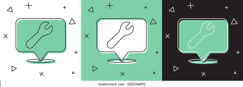 Set Location with wrench spanner icon isolated on white and green, black background. Adjusting, service, setting, maintenance, repair, fixing.  Vector Illustration