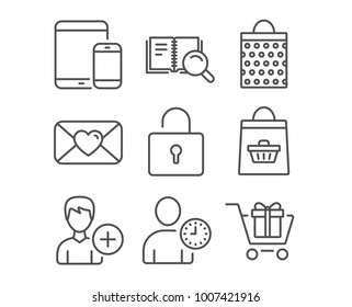Set of Lock, Add person and Valentine icons. Mobile devices, Search book and Online buying signs. Shopping bag, Time management and Shopping cart symbols. Private locker. Edit user data. Love letter