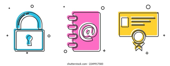 Set Lock, Address book and Certificate template icon. Vector