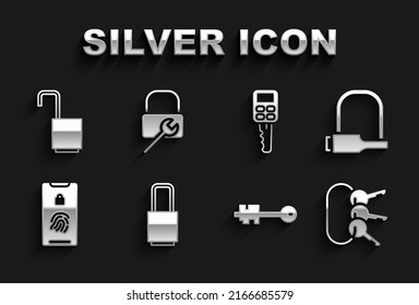 Set Lock, Bicycle lock, Bunch of keys, Old, Mobile with fingerprint scan, Car remote, Open padlock and repair icon. Vector