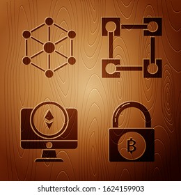 Set Lock with bitcoin, Blockchain technology, Monitor and Cryptocurrency coin Ethereum ETH and Blockchain technology on wooden background. Vector