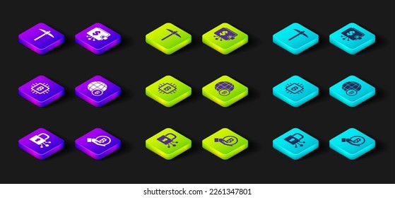 Set Lock with bitcoin, Hand holding Bitcoin, CPU mining farm, Globe, Cryptocurrency wallet and Pickaxe icon. Vector