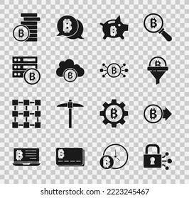 Establecer el bloqueo con bitcoin, Bitcoin, embudo de ventas, banco de transmisión, minería en nube de criptografía, servidor e icono de circuito. Vector