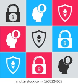 Set Lock with bitcoin, Bitcoin think and Shield Ethereum ETH icon. Vector