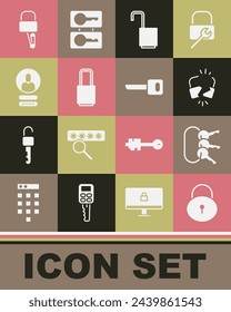 Set Lock, Bunch of keys, Broken or cracked lock, Open padlock, Create account screen, picks for picking and Key icon. Vector