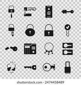 Set Lock, Casting keys, Key, Mobile with fingerprint scan, picks for lock picking,  and  icon. Vector