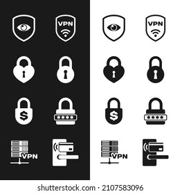 Set Lock, Castle in the shape of heart, Shield and eye, with VPN wireless, Money lock and Password protection icon. Vector
