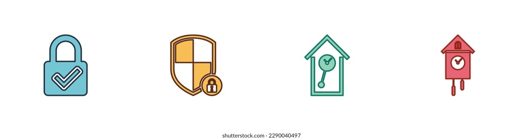 Set Lock and check mark, Shield security with lock, Retro wall watch and  icon. Vector