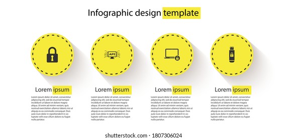 Set Lock, Computer api interface, Laptop and lock and USB flash drive with. Business infographic template. Vector.