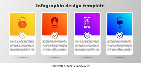 Set Lock, Create account screen, Mobile and graphic password and Key broke inside of padlock. Business infographic template. Vector