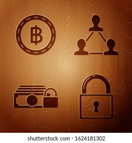 Set Lock, Cryptocurrency coin Bitcoin, Money with lock and Project team base on wooden background. Vector