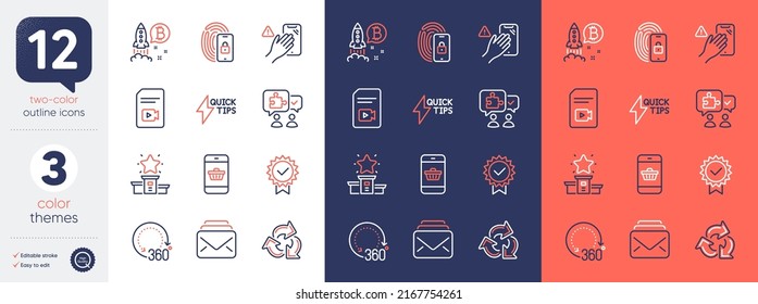 Set of Lock, Dont touch and Recycle line icons. Include Puzzle, Quickstart guide, Winner podium icons. Certificate, Bitcoin project, Mail web elements. 360 degrees, Smartphone buying. Vector