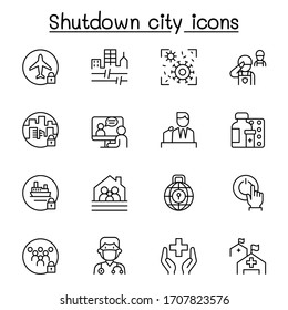 Set of Lock down city from virus crisis related vector line icons. contains such Icons as Shutdown city, state quarantine, flight cancellation, business closed, and more.