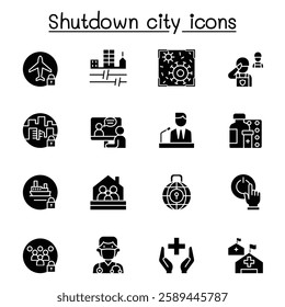 Set of Lock down city from virus crisis related vector line icons. contains such Icons as Shutdown city, state quarantine, flight cancellation, business closed, and more.