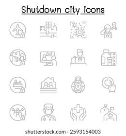 Set of Lock down city from virus crisis related vector line icon. contains such icon as Shutdown city, state quarantine, flight cancellation, business closed, and more.