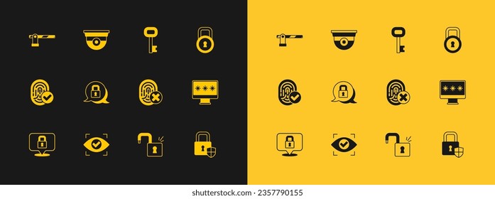 Set Lock, Eye scan, Cancelled fingerprint, Open padlock, Old key, Parking car barrier and Security camera icon. Vector