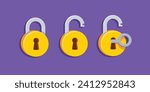 Set of Lock flat icon. The padlock unlocked and locked with the key. Lock closed and lock open. Symbol protection and secure. Vector illustration isolated on a white background.