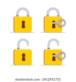 Juego de icono de bloqueo plano. Padlock desbloqueado y bloqueado. Cierra la cerradura y cierra la cerradura. Protección de símbolos y seguridad. Ilustración vectorial, aislada en fondo blanco.