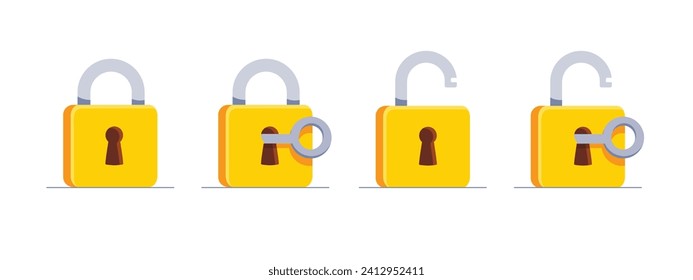 Set of Lock flat icon. Padlock unlocked and locked with the key. Lock closed and lock open. Symbol protection and secure. Vector illustration isolated on a white background.