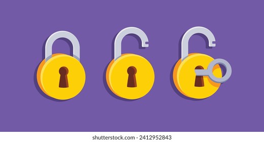 Set of Lock flat icon. The padlock unlocked and locked with the key. Lock closed and lock open. Symbol protection and secure. Vector illustration isolated on a white background.