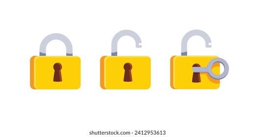 Set of Lock flat icon. The padlock unlocked and locked with the key. Lock closed and lock open. Symbol protection and secure. Vector illustration isolated on a white background.