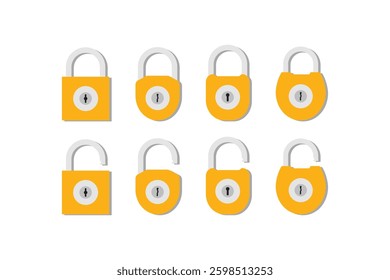 Set of Lock flat icon. The padlock unlocked and locked. Lock closed and lock open. Symbol protection and secure. Vector illustration isolated on a white background.