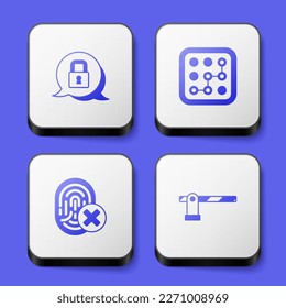 Set Lock, Graphic password protection, Cancelled fingerprint and Parking car barrier icon. White square button. Vector