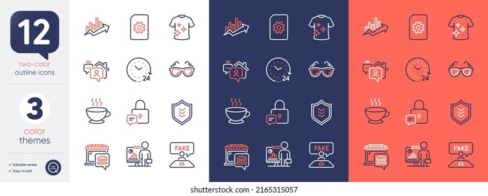 Set of Lock, Growth chart and Sunglasses line icons. Include File management, Shield, 24 hours icons. Food market, Fake review, Clean t-shirt web elements. Coffee cup, Work home, Teacher. Vector