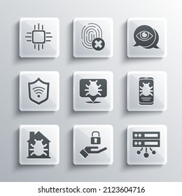 Set Lock in hand, Server, Data, Web Hosting, System bug on mobile, House system, Shield with WiFi wireless, Processor microcircuits CPU and Eye scan icon. Vector