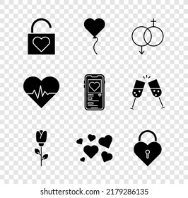 Set Lock and heart, Balloon in form of, Gender, Flower rose, Heart, Castle the shape, rate and Mobile with icon. Vector