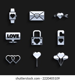 Set Lock and heart, Balloons in form of, Please do not disturb with, Two Linked Hearts, Speech bubble text love, Amour arrow and the center wrist watch icon. Vector
