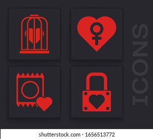 Fije el candado y el corazón, Corazón en la jaula de pájaro, Corazón con género femenino y Condón en el icono del paquete. Vector