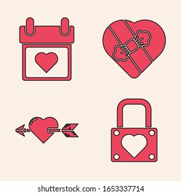 Set Lock and heart, Calendar with heart, Candy in heart shaped box and Amour with heart and arrow icon. Vector
