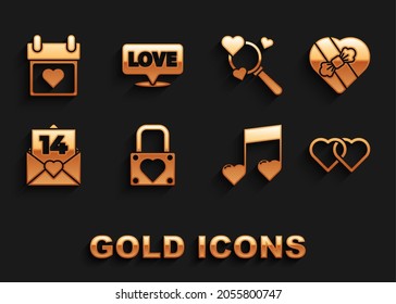 Set Lock and heart, Candy in shaped box, Two Linked Hearts, Music note, tone with hearts, Envelope Valentine, Search love, Calendar and Speech bubble text icon. Vector