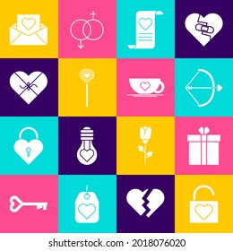 Set Lock and heart, Gift box, Bow arrow, Envelope with Valentine, Lollipop, Candy shaped,  and Coffee cup icon. Vector