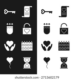 Set Lock and heart, Quiver arrows with, Key in shape, Envelope Valentine, Heart hand, Calendar, the center hourglass and Balloon form of icon. Vector