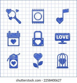 Set Lock and heart, Heart shape in flower, the bird cage, Speech bubble with text love, tag, Calendar, Music note, tone hearts and Search icon. Vector