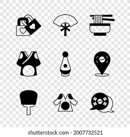 Set Lock with heart, Traditional fan, Ramen, Korean hand, Kimono, South flag, and Soju bottle icon. Vector