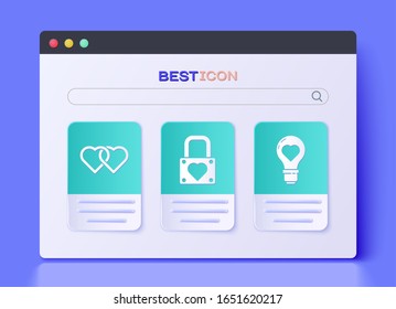 Set Lock and heart, Two Linked Hearts and Heart shape in a light bulb icon. Vector