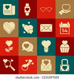 Fijar la cerradura y el corazón, la tarta de bodas con, Calendario 14 de febrero, Gafas de amor con forma de corazón, Candy box, Envelope Valentine e icono. Vector