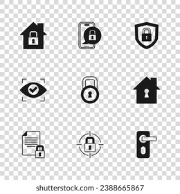 Fijar la cerradura, la casa bajo protección, la cerradura de la puerta de la huella dactilar, la seguridad del escudo con, el candado cerrado móvil y el icono de exploración ocular. Vector